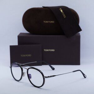 Tom Ford FT5676-B 002 Round Eyeglasses 50mm - Black & Gunmetal/Blue Light Block